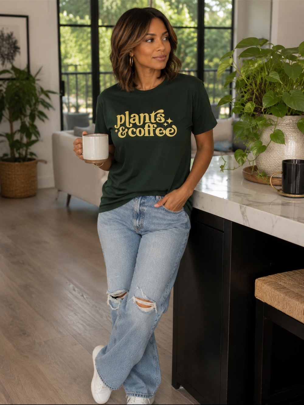 Plants & Coffee Graphic Tee - Dark Green